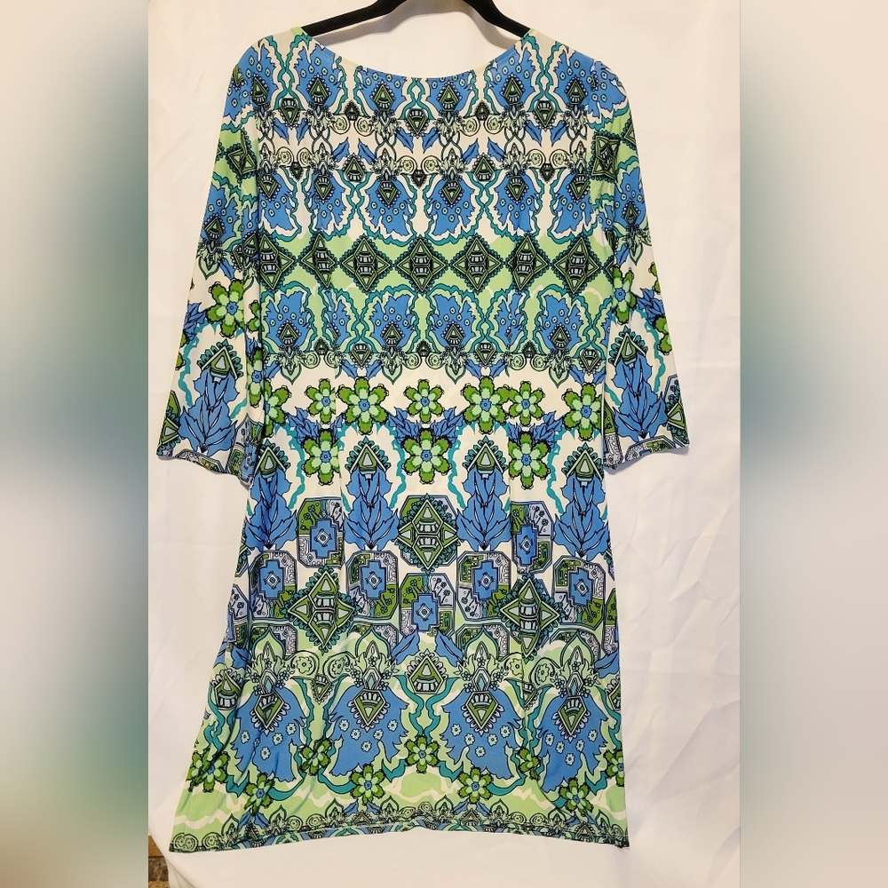 🖤LONDON TIMES SZ 14 Blue and Green Patterned Tunic Dress - Picture 2 of 6